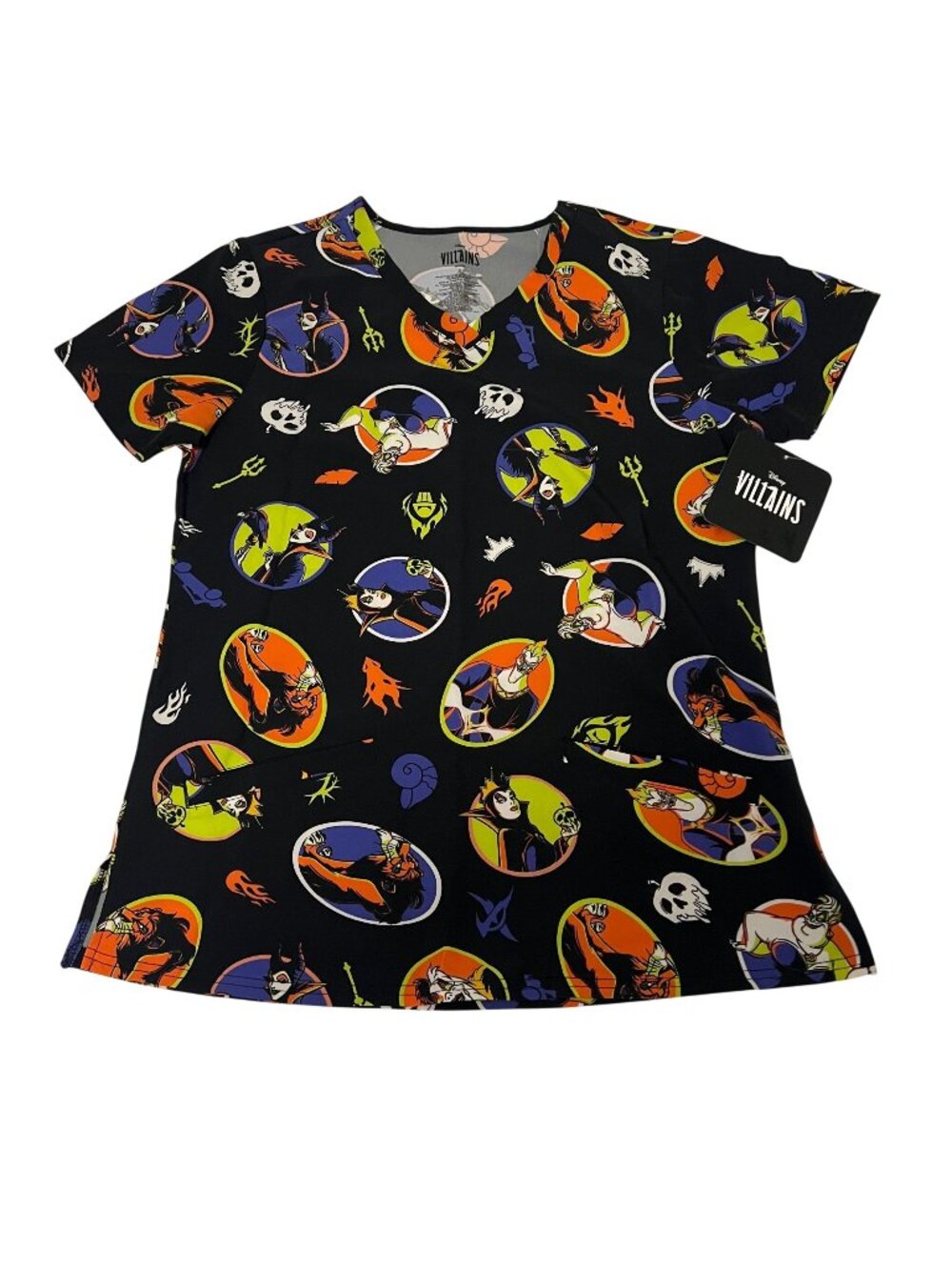 Disney Villains Womens Scrub Top Black V-Neck Graphic Print Sz Small